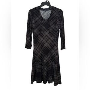 Adrienne Vittadini Plaid Knit Flounce Dress Sash Tie Neck Holiday Party chicane